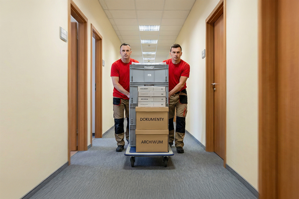 Dwaj pracownicy Boxperto Andrychów&nbsp;transportujący na&nbsp;wózku zabezpieczone kartony z&nbsp;archiwum i&nbsp;dokumentami podczas relokacji biura.
