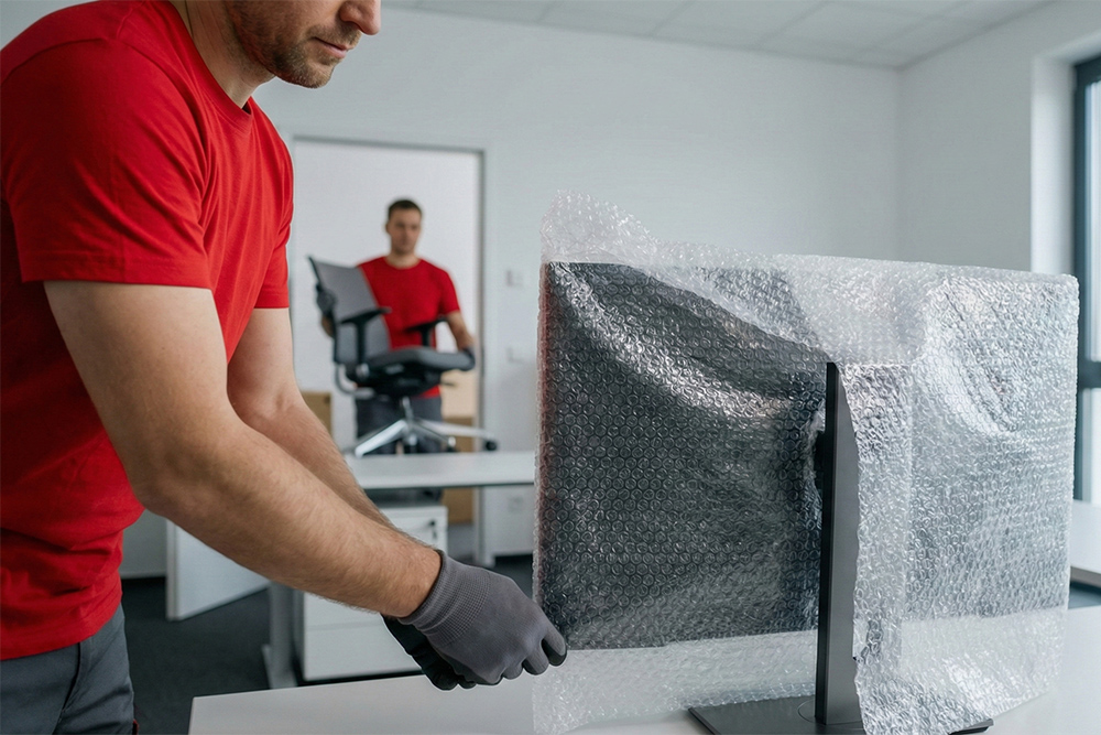 Pracownik Boxperto Andrychów&nbsp;owijający monitor biurowy grubą warstwą folii bąbelkowej, zapewniając bezpieczny transport sprzętu komputerowego.
