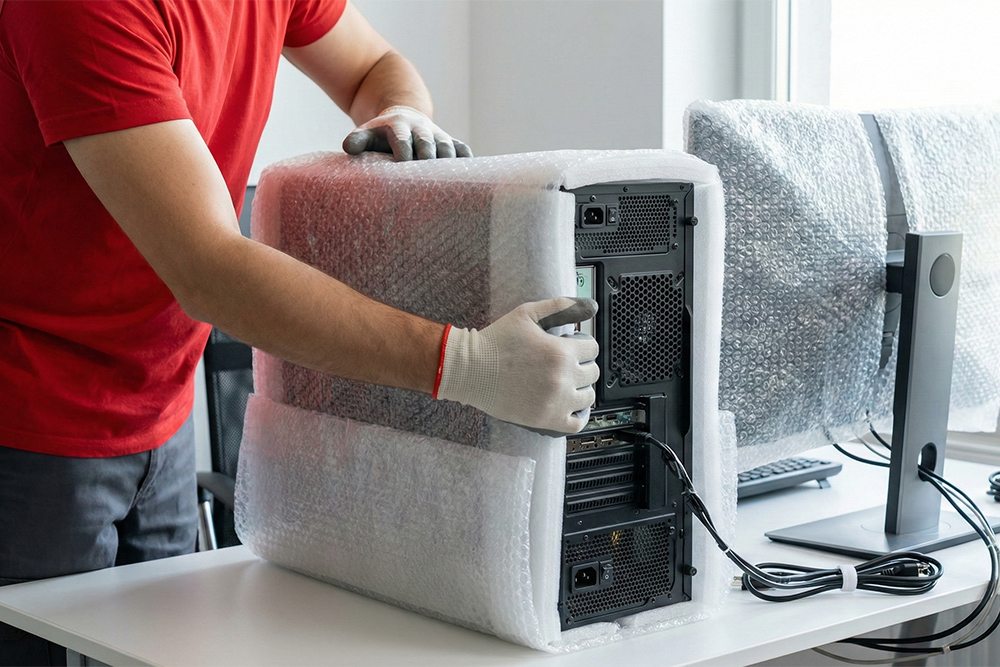 Pracownik Boxperto Andrychów&nbsp;zabezpieczający jednostkę centralną komputera folią bąbelkową i&nbsp;pianką przed relokacją biura.