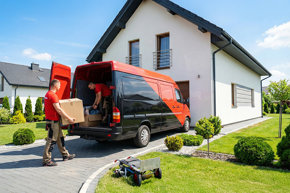 Pracownicy firmy Boxperto Andrychów&nbsp;ładujący mienie do&nbsp;furgonu podczas profesjonalnej przeprowadzki domu jednorodzinnego.