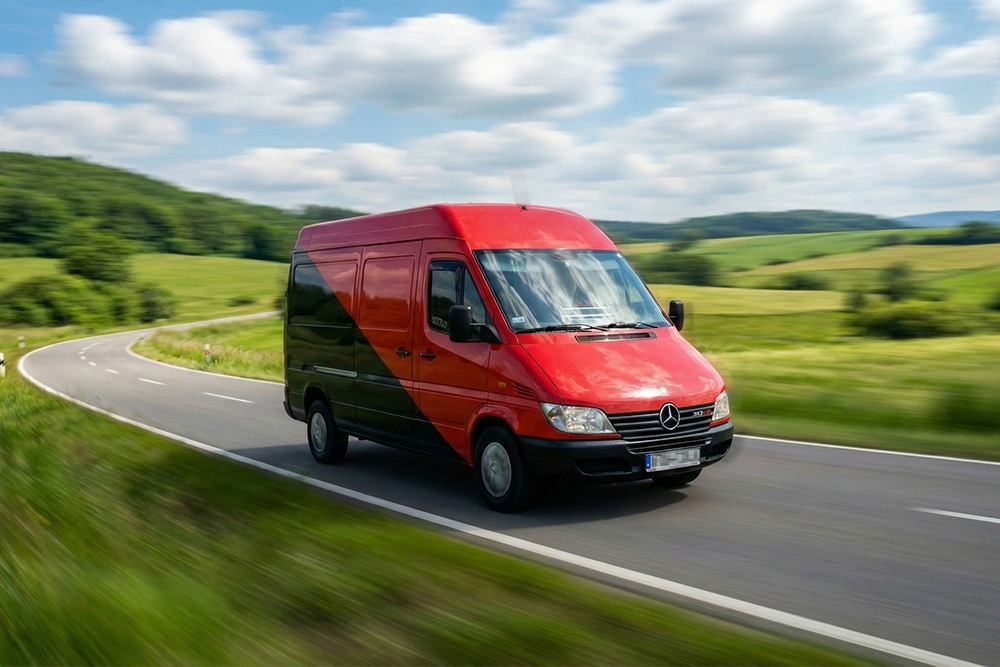 Dynamiczne ujęcie furgonu Boxperto Andrychów&nbsp;na&nbsp;trasie, realizującego szybkie i&nbsp;bezpieczne przeprowadzki krajowe oraz transport mebli na&nbsp;terenie Polski.