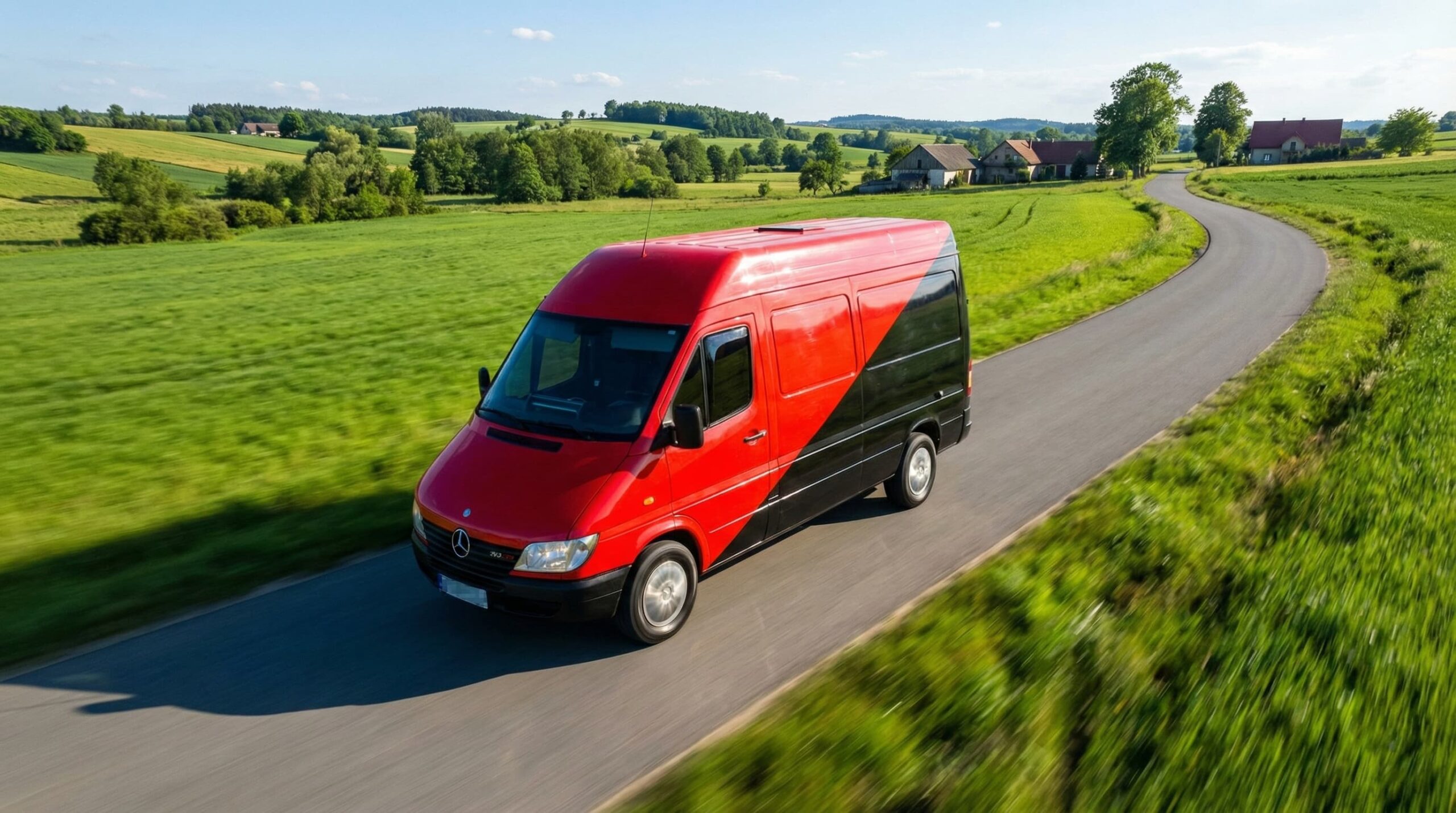 Czerwono-czarny samochód dostawczy Boxperto Andrychów&nbsp;w&nbsp;trasie, realizujący profesjonalny transport mebli i&nbsp;przeprowadzki krajowe.
