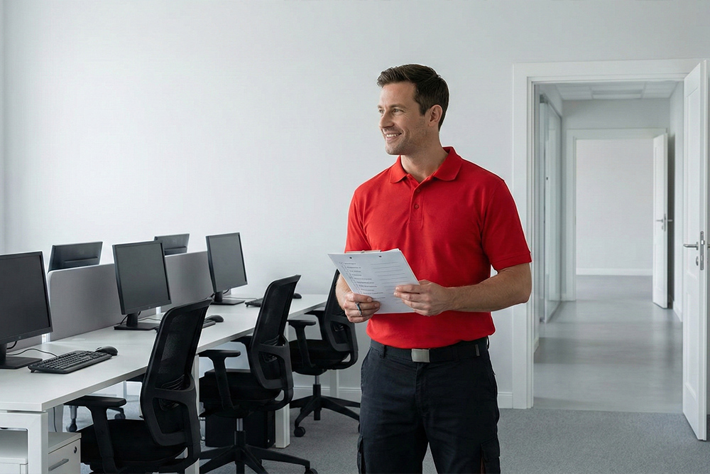 Uśmiechnięty pracownik Boxperto Andrychów&nbsp;z&nbsp;listą kontrolną w&nbsp;dłoni, stojący w&nbsp;nowym biurze z&nbsp;kompletnie ustawionymi stanowiskami pracy po&nbsp;relokacji firmy.