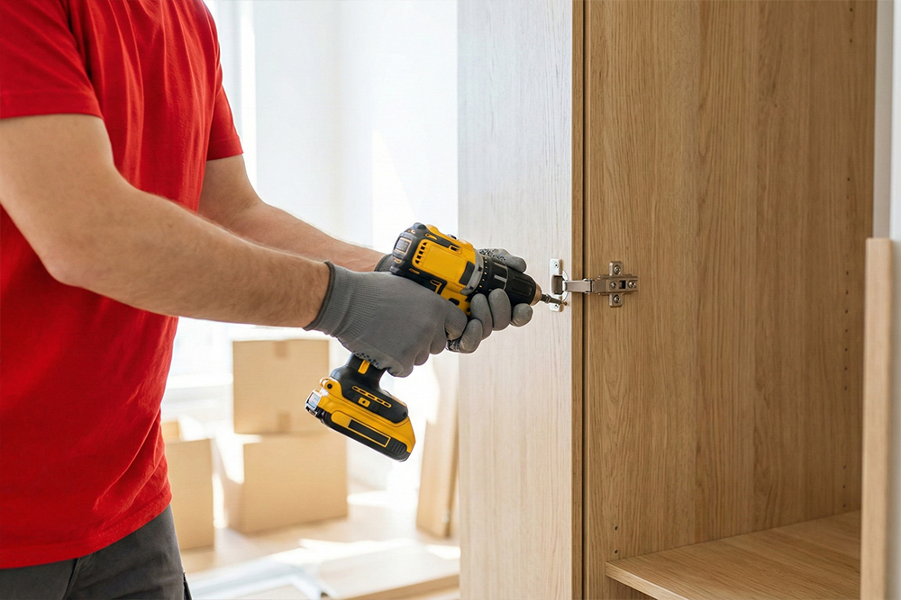 Pracownik Boxperto Andrychów&nbsp;używa wkrętarki do&nbsp;montażu&nbsp;mebli w&nbsp;nowym mieszkaniu, oferując profesjonalne usługi demontażu&nbsp;i&nbsp;składania szaf.