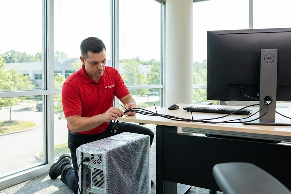 Pracownik Boxperto Andrychów&nbsp;profesjonalnie podłączający i&nbsp;porządkujący okablowanie komputera biurowego w&nbsp;nowej siedzibie firmy.