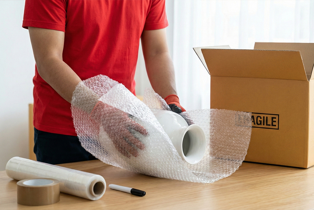 Pracownik Boxperto Andrychów&nbsp;zabezpieczający porcelanową wazę folią bąbelkową w&nbsp;systemie anti-shock przed włożeniem do&nbsp;kartonu.