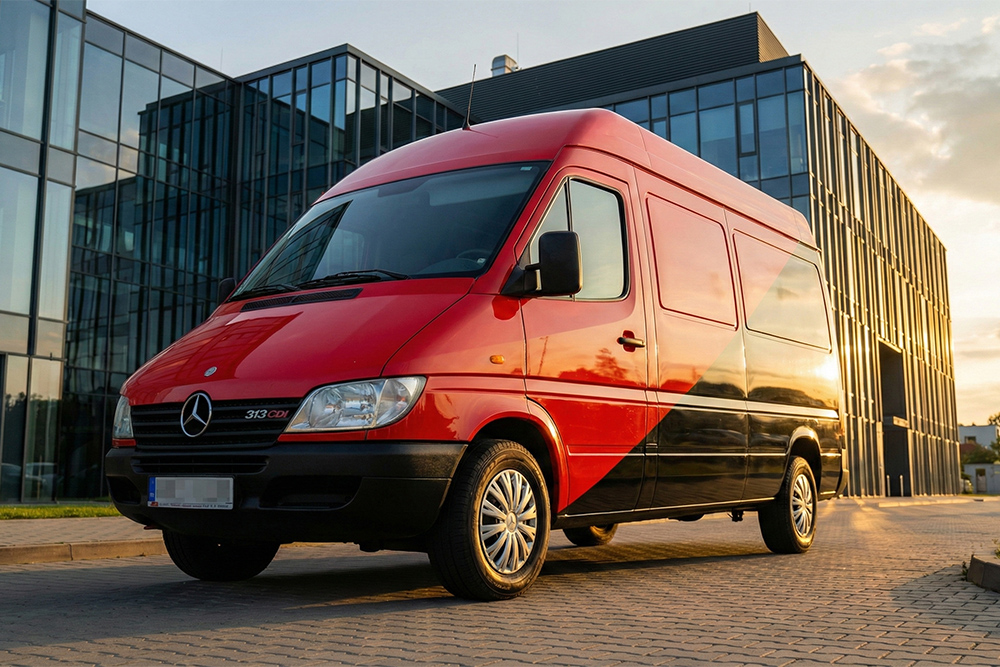 Czerwono-czarny furgon Boxperto Andrychów&nbsp;zaparkowany przed nowoczesnym biurowcem, przygotowany do&nbsp;kompleksowej przeprowadzki firmy i&nbsp;transportu sprzętu biurowego.