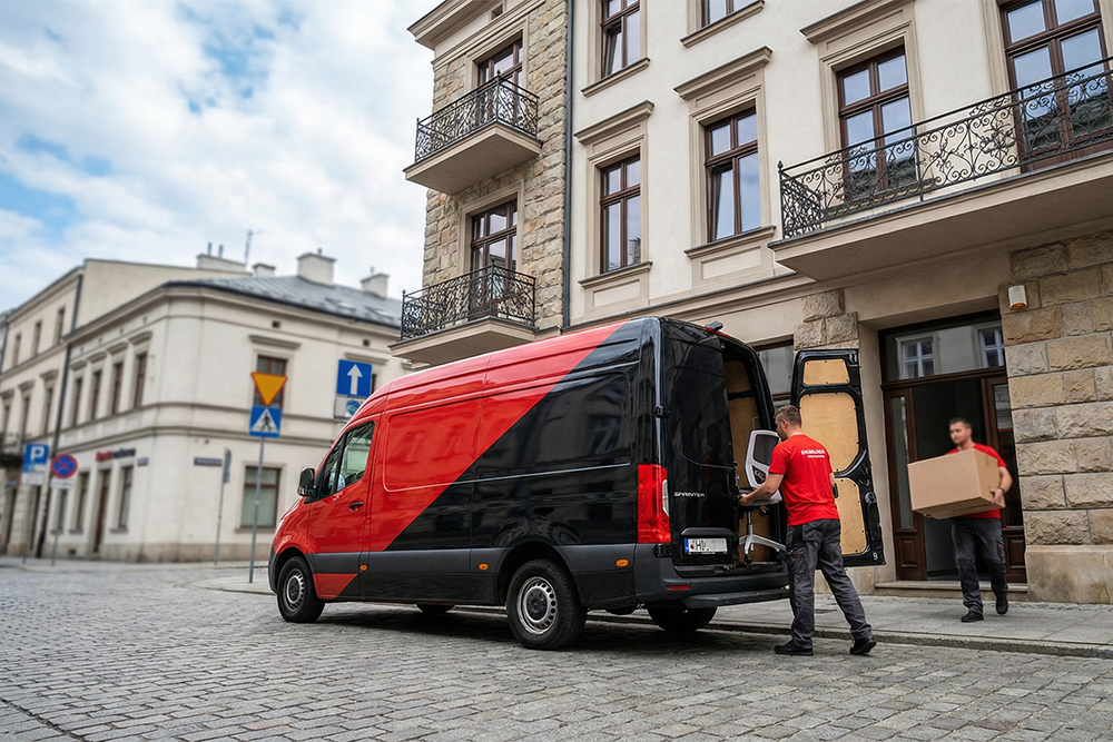 Pracownicy Boxperto Andrychów&nbsp;ładujący meble biurowe do&nbsp;czarno-czerwonego furgonu zaparkowanego przed zabytkową kamienicą.