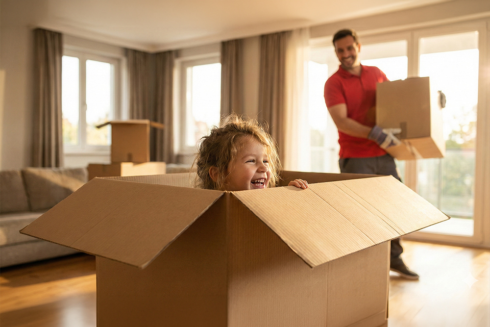 Uśmiechnięte dziecko wyglądające z&nbsp;kartonu do&nbsp;przeprowadzki w&nbsp;nowym domu, symbolizujące bezstresowe usługi przeprowadzkowe Boxperto Andrychów.