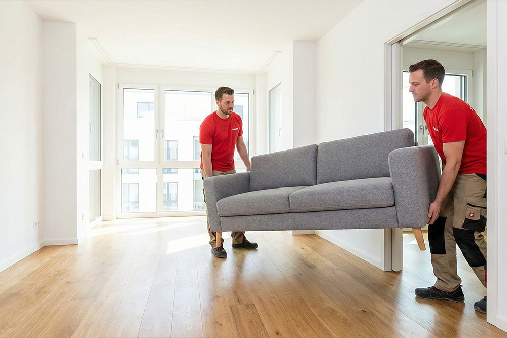 Dwuosobowa ekipa Boxperto Andrychów&nbsp;ostrożnie wnosząca szarą sofę do&nbsp;nowego mieszkania, dbając o&nbsp;bezpieczeństwo mebli i&nbsp;ścian.