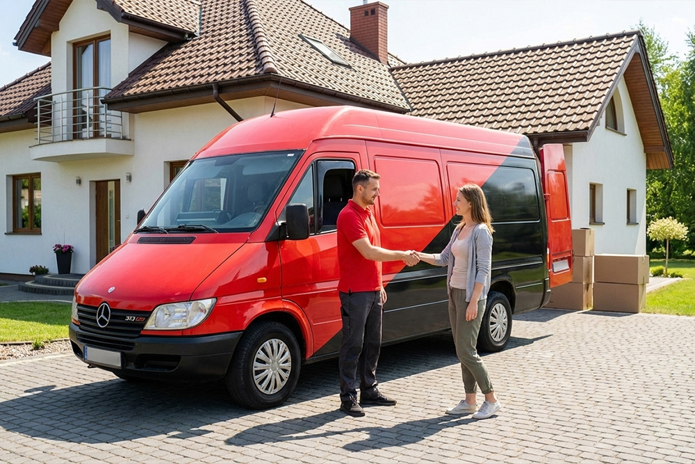 Pracownik Boxperto Andrychów&nbsp;podaje rękę uśmiechniętej klientce przed jej nowym domem, podsumowując udaną i&nbsp;terminową przeprowadzkę.