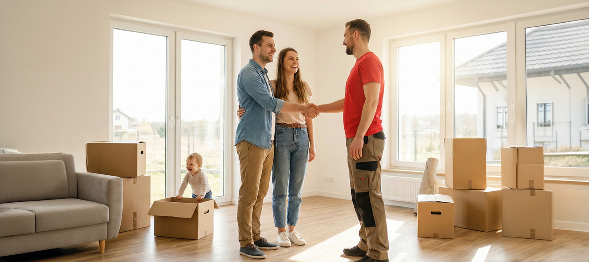 Uśmiechnięta para z&nbsp;małym dzieckiem dziękuje pracownikowi Boxperto Andrychów&nbsp;za&nbsp;bezpieczną i&nbsp;bezstresową przeprowadzkę do&nbsp;nowego domu.